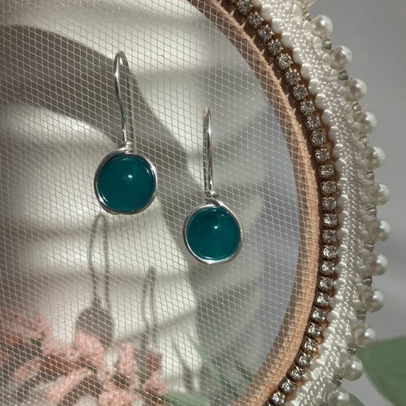 TEAL and Silver Wire Wrapped Minimalist Earrings - Picture 6 of 16
